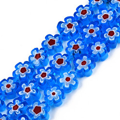 Dodger Azul Hilos de perlas de vidrio millefiori artesanal, seno de ciruela, azul dodger, 9.5~12x9.5~12.5x4~4.5 mm, agujero: 1.5 mm, sobre 39 unidades / cadena, 15.94 pulgada ~ 16.14 pulgada (40.5~41 cm)