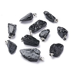 Tourmaline Pendentifs turmalins noirs naturels, pierre brute brute, avec anses en laiton, plaqué longue durée, nuggets, platine, 19~29.5x12.5~23x5.3~9.5mm, Trou: 3.9x3.7mm