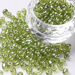 Yellow Green Glass Seed Beads, Trans. Colours Lustered, Round, Yellow Green, 4mm, Hole: 1.5mm, about 4500pcs/pound