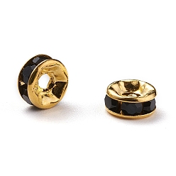 Jet Brass Grade A Rhinestone Spacer Beads, Golden Plated, Rondelle, Nickel Free, Jet, 4x2mm, Hole: 0.8mm