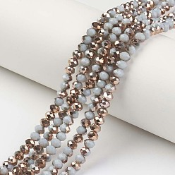 Bleu Clair Plaquer des brins de perles de verre opaques, la moitié du cuivre plaqué, facette, rondelle, bleu clair, 8x6mm, Trou: 1mm, Environ 65~68 pcs/chapelet, 15.7~16.1 pouce (40~41 cm)