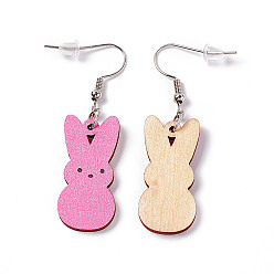 Hot Pink Rabbit Wooden Dangle Earrings, Platinum Tone Iron Earring with Ear Nut for Women, Hot Pink, 52mm, Pin: 0.7mm, Pendant: 31x14.5x2.7mm