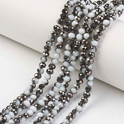 White Electroplate Opaque Glass Beads Strands, Half Black Plated, Faceted, Rondelle, White, 6x5mm, Hole: 1mm, about 85~88pcs/strand, 16.1~16.5 inch(41~42cm)