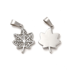 Crystal 304 Stainless Steel Pendants, with Rhinestone, Maple Leaf Charm, Stainless Steel Color, Crystal, 18x14x2mm, Hole: 6x2.7mm