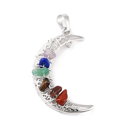 Mixed Stone Natural Gemstone Chips Chakra Pendants, with Platinum Plated Brass Findings, Cadmium Free & Lead Free, Moon, 40.5x26x6~7mm, Hole: 6.5x4.8mm