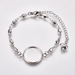Stainless Steel Color Valentine's Day 304 Stainless Steel Bracelet Making, with Lobster Claw Clasps, Flower Link Chains and Flat Round Cabochon Settings, Stainless Steel Color, Tray: 16mm, 6 inch(15.3cm)