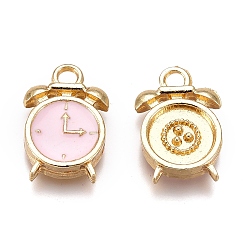 Pearl Pink Alloy Enamel Pendants, Clock, Golden, Pearl Pink, 16x10.5x3mm, Hole: 2mm