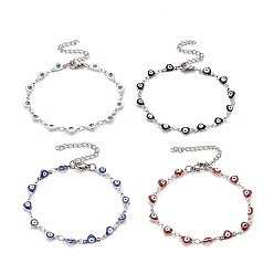 Mixed Color Enamel Heart with Evil Eye Link Chains Bracelet, 304 Stainless Steel Jewelry for Women, Stainless Steel Color, Mixed Color, 6-7/8 inch(17.5cm)