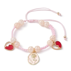 Pink Synthetic Crackle Quartz Braided Bead Bracelet, Heart & Rose Alloy Enamel Charm Bracelet for Valentine's Day, Pink, Inner Diameter: 1-3/4~3-3/8 inch(4.5~8.5cm)