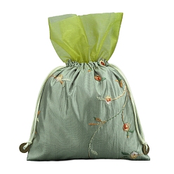 Verdemar Oscuro Bolsas de flores con bordado de seda, bolsa con cordón, Rectángulo, verde mar oscuro, 25x16 cm