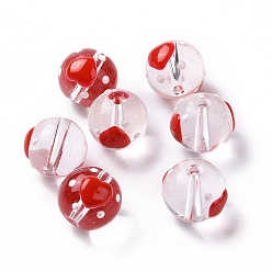 Cœur Des billes de verre transparentes, avec l'émail, ronde, rouge, motif de coeur, 11.5~12x11mm, Trou: 1.5~1.6mm