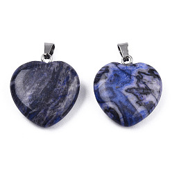 Dark Blue Natural Map Stone Pendants, with Stainless Steel Color Tone Stainless Steel Snap On Bails, Heart Charm, Dyed & Heated, Dark Blue, 22~22.5x20~20.5x6mm, Hole: 2.5x5mm