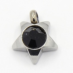Jet 201 Stainless Steel Rhinestone Star Charm Pendants, Grade A, Faceted, Jet, 9x8x3mm, Hole: 1mm
