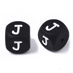 Letter J Food Grade Eco-Friendly Silicone Beads, Horizontal Hole, Chewing Beads For Teethers, DIY Nursing Necklaces Making, Cube, Black, Letter.J, 12x12x12mm, Hole: 2mm