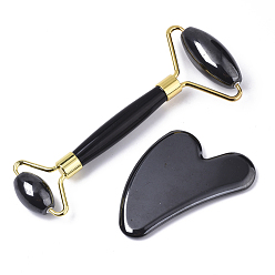 Magnetic Hematite Magnetic Synthetic Hematite Facial Roller & Heart Shape Gua Sha, Facial Beauty Roller Skin Care Tools, with Light Gold Plated Brass Findings, Facial Rollers: 14.6x6.1x 2cm, Gua Sha: 8.1~8.4x5.8~6x0.7~0.8mm