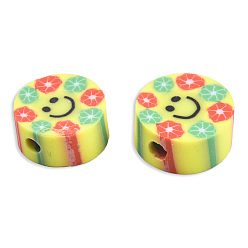 Yellow Handmade Polymer Clay Beads, Flat Round with Smiling Face & Flower, Yellow, 8.5~10x4.5mm, Hole: 1.5mm