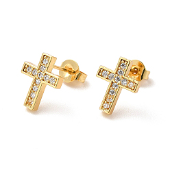 Real 18K Gold Plated Clear Cubic Zirconia Cross Stud Earrings, Rack Plating Brass Jewelry for Women, Lead Free & Cadmium Free, Real 18K Gold Plated, 10.5x8.5mm, Pin: 0.7mm