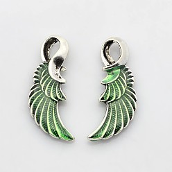 Lime Green Antique Silver Tone Alloy Enamel Pendants, Wing, Lime Green, 30x15x4mm, Hole: 3x6mm
