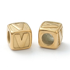 Letter V 304 Stainless Steel European Beads, Large Hole Beads, Horizontal Hole, Cube with Letter, Golden, Letter.V, 8x8x8mm, Hole: 4mm