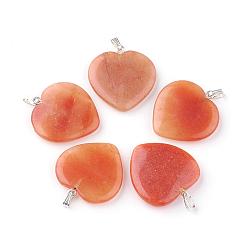 Red Aventurine Natural Red Aventurine Pendants, with Silver Color Plated Alloy Findings, Heart, 26~28x25~26x4.5~5mm, Hole: 2.5x5.5mm