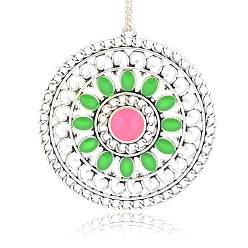 Hot Pink Antique Silver Plated Alloy Enamel Flat Round Big Pendants, Hollow, Hot Pink, 55x52x2mm, Hole: 2mm