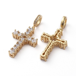 Golden Brass Micro Pave Clear Cubic Zirconia Pendants, Long-Lasting Plated, Cross, Golden, 32.5mm, Hole: 5mm, Cross: 24x16x4mm