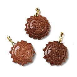 Goldstone Synthetic Goldstone Pendants, with Golden Tone Brass Findings, Lead Free & Cadmium Free, Sun with Smiling Face, 36x29~29.5x9.5mm, Hole: 4x5mm