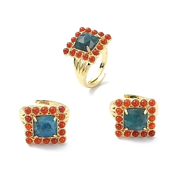 Red Agate Natural Red Agate & Apatite Rectangle Adjustable Ring, Real 18K Gold Plated Brass Wide Ring for Women, Inner Diameter: 17mm