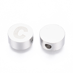 Letter C 304 Stainless Steel Beads, Flat Round with Letter, Letter.C, 10x4.5mm, Hole: 2mm