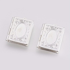 Silver Brass Photo Locket Pendants, Carved Pattern, Rectangle, Silver Color Plated, 26.5x18.5x4.5mm, Hole: 1.5mm, Inner Measure: 9.5x15mm