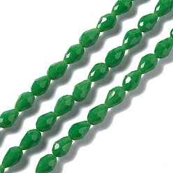 Green Faceted Glass Beads Strands, Teardrop, Green, 12x8~9mm, Hole: 1.2mm, about 57pcs/strand, 23.74''(60.3cm)
