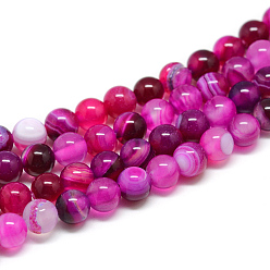 Deep Pink Natural Striped Agate/Banded Agate Bead Strands, Dyed, Round, Deep Pink, 4mm, Hole: 1mm, about 96pcs/strand, 14.56 inch