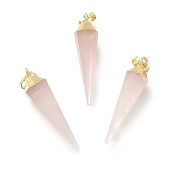 Doré  Naturelle quartz rose a pendentifs, breloques coniques à facettes, avec les accessoires en laiton, or, 34x8.5x8mm, Trou: 6.5x4mm