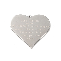 Stainless Steel Color 304 Stainless Steel Pendants, Manual Polishing, Heart with Word Best Friends/ Big Knickers Charm, Stainless Steel Color, 28x30.5x1mm, Hole: 1.4mm