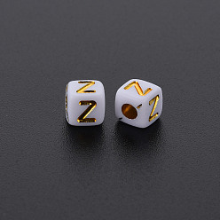 Letter Z Opaque White Acrylic Beads, Metal Enlaced, Cube with Letters, Letter.Z, 4.5mm, Hole: 2mm, about 5000pcs/500g