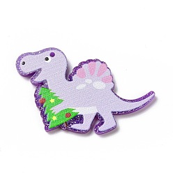 Lilac Printed  Acrylic Pendants, with Glitter Sequins, for Christmas, Dinosaur with Christmas Tree Charm, Lilac, 33x42x2mm, Hole: 1.6mm