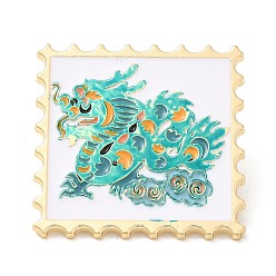 Turquesa Rectángulo ondulado con alfileres de esmalte de dragón, broche de aleación con baño de oro claro, insignia del signo del zodíaco de estilo chino, turquesa, 30x30x1.5 mm