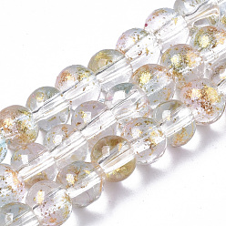 Lavanda Blush Aerosol pintado hebras de perlas de vidrio transparente, con la hoja de oro, rondo, rubor lavanda, 4~5 mm, agujero: 0.9~1.2 mm, sobre 95~103 unidades / cadena, 13.78 pulgada ~ 14.88 pulgada (35~37.8 cm)
