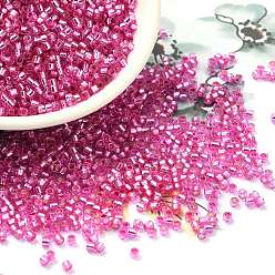 Rosa Caliente Abalorios de la semilla de cristal, plata forrada, cilindro, color de rosa caliente, 2x1.5 mm, agujero: 1.4 mm, sobre 50398 unidades / libra