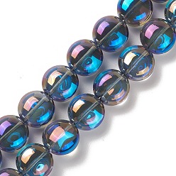 Dodger Blue Transparent Electroplate Glass Bead Strands, Rainbow Plated, Flat Round, Dodger Blue, 12x8mm, Hole: 1.2mm, about 50pcs/strand, 24.41''(62cm)