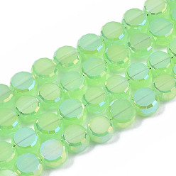 Vert Clair Plaquent verre transparent perles brins, de couleur plaquée ab , imitation verre de jade, facette, plat rond, vert clair, 5.5x6x3.5mm, Trou: 1.2mm, Environ 98~100 pcs/chapelet, 20.87~21.26 pouces (53cm~54cm)
