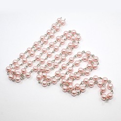 Pink La main de perles de perles de verre chaînes, avec épingle à oeil en fer, non soudée, platine, rose, 6mm, sur 1 m / brin, 39.3 pouce/brin