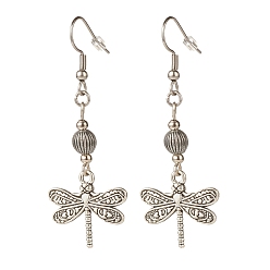 Antique Silver Alloy Dragonfly Dangle Earrings, Long Drop Earrings for Women, Antique Silver, 57mm, Pin: 0.6mm