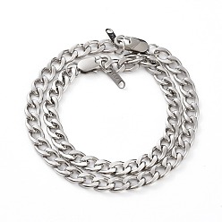 Stainless Steel Color Couple Bracelets Sets, 304 Stainless Steel Cuban Chain Bracelets, with Lobster Claw Clasps, Stainless Steel Color, 7-3/4 inch(19.7cm) and 8-3/4 inch(22.3cm), 2pcs/set