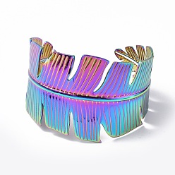 Rainbow Color Ion Plating(IP) 304 Stainless Steel Feather Open Cuff Bangle for Women, Rainbow Color, Inner Diameter: 2-1/8x2-3/8 inch(5.35cmx6cm)