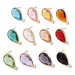 Mixed Color Brass Stud Earring Findings, with Glass and 304 Stainless Steel Pins & Horizontal Loops, Light Glod, Teardrop, Mixed Color, 18~18.5x10.5x4~4.5mm, Hole: 1.8mm, Pin: 0.8mm