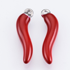 Red 201 Stainless Steel Enamel Pendants, Enamelled Sequins, Horn of Plenty/Italian Horn Cornicello Charms, Stainless Steel Color, Red, 20x6x3mm, Hole: 1mm