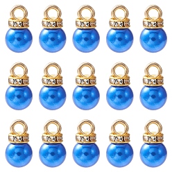 Bleu Breloques en plastique abs, avec les accessoires et strass ton en fer d'or, teint, charme rond, bleu, 13.5x8mm, Trou: 2.5mm, environ 15 pcs / sachet 