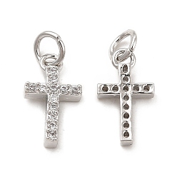 Platinum Brass Micro Pave Cubic Zirconia Charms, with Jump Ring, Religion Cross Charm, Platinum, 13.5x7.5x2.5mm, Hole: 3.3mm