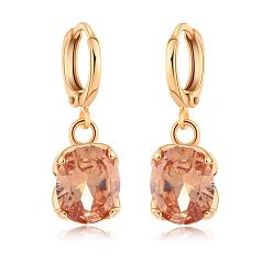Crystal Copper Real 18K Gold Plated Hot Trends Oval Brass Rhinestone Dangle Hoop Earrings, Crystal Copper, 25x8mm